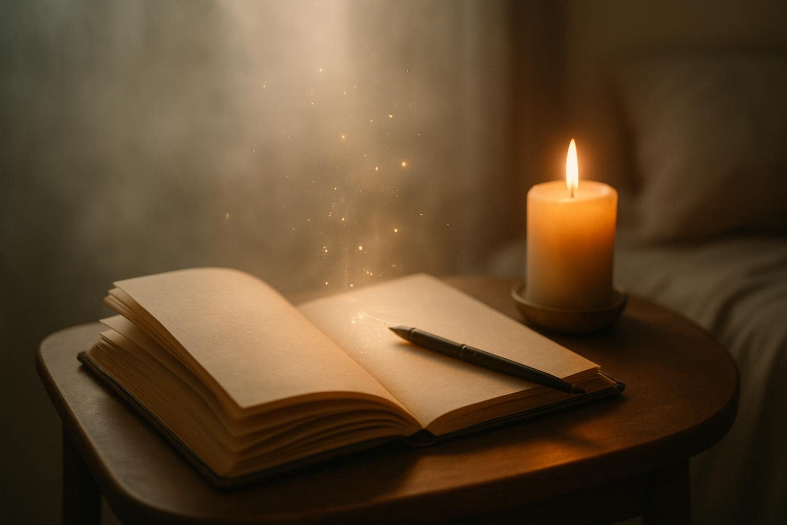 A journal and candle on a nightstand in soft morning light, evoking dream reflection