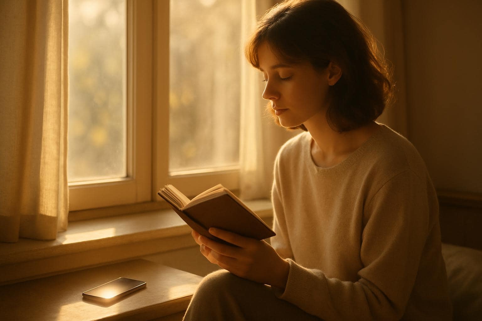 A person journaling by a sunlit window while reflecting on a quiet moment