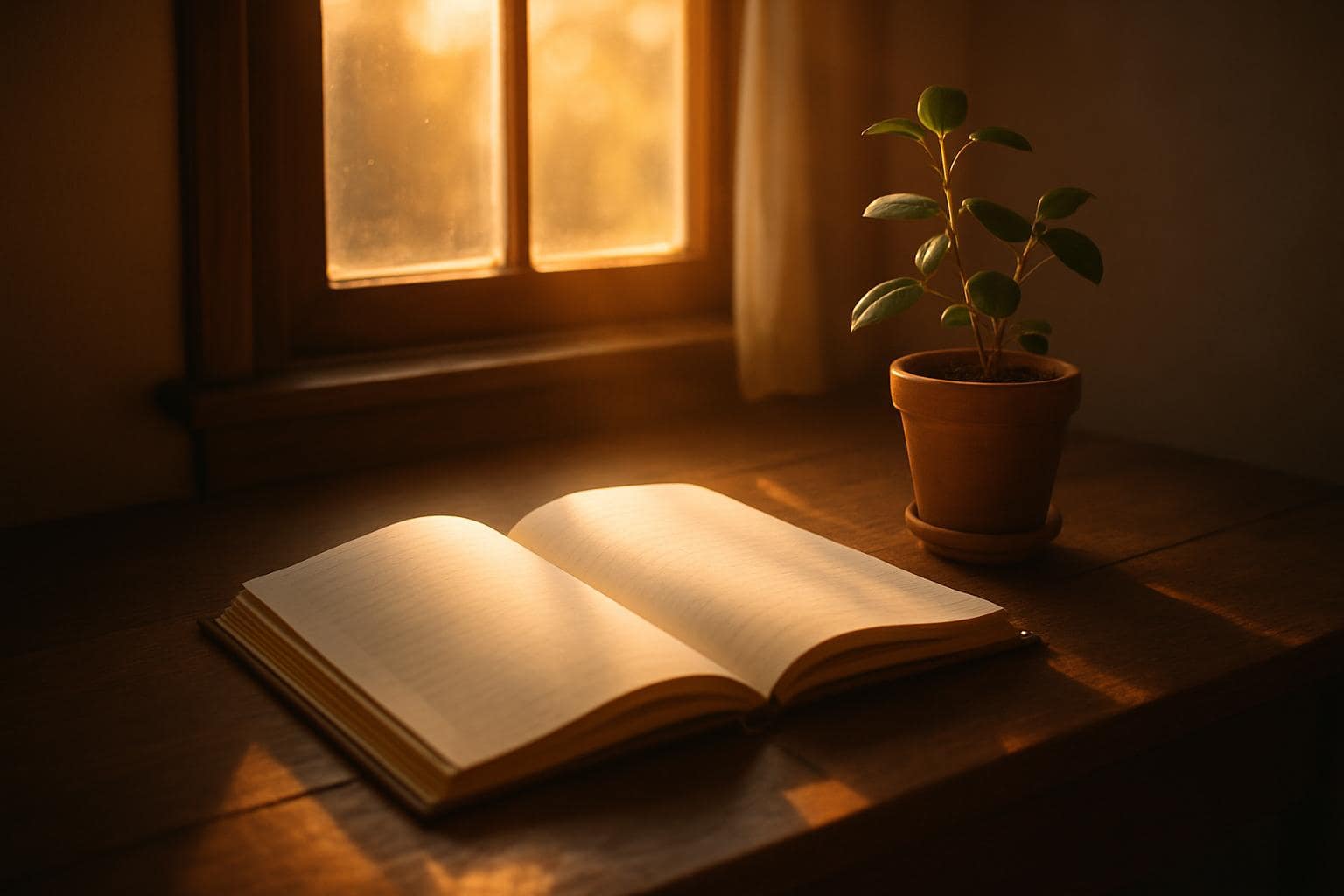 Sunlit desk scene symbolizing abundance and mindful reflection