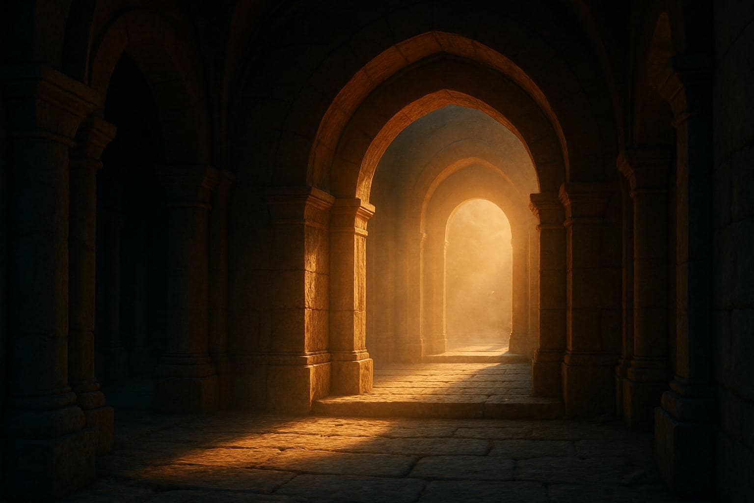 Golden light streaming through an ancient stone archway, evoking a sense of quiet reverence