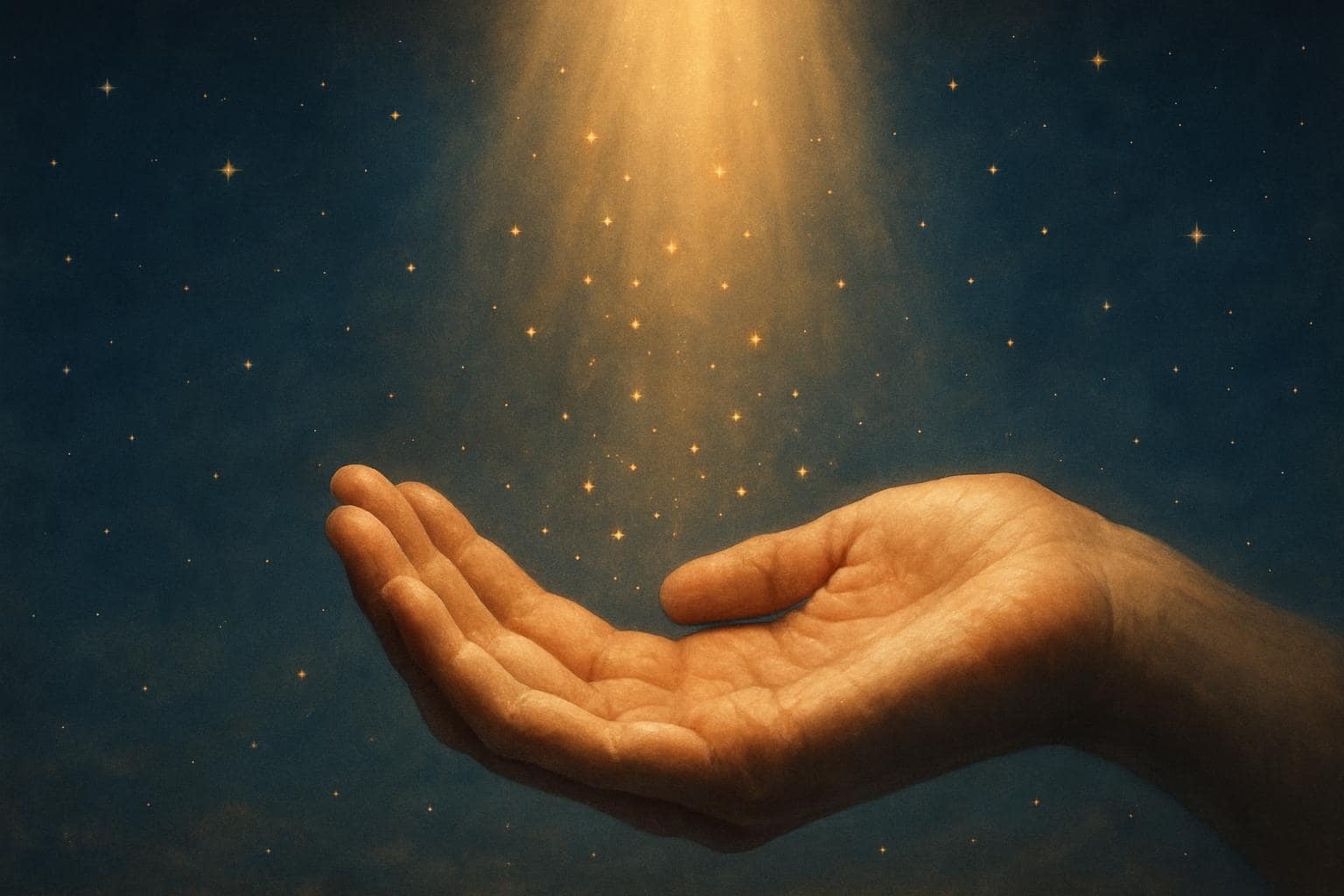 Open hands raised toward a gentle beam of light, symbolizing spiritual reflection and guidance