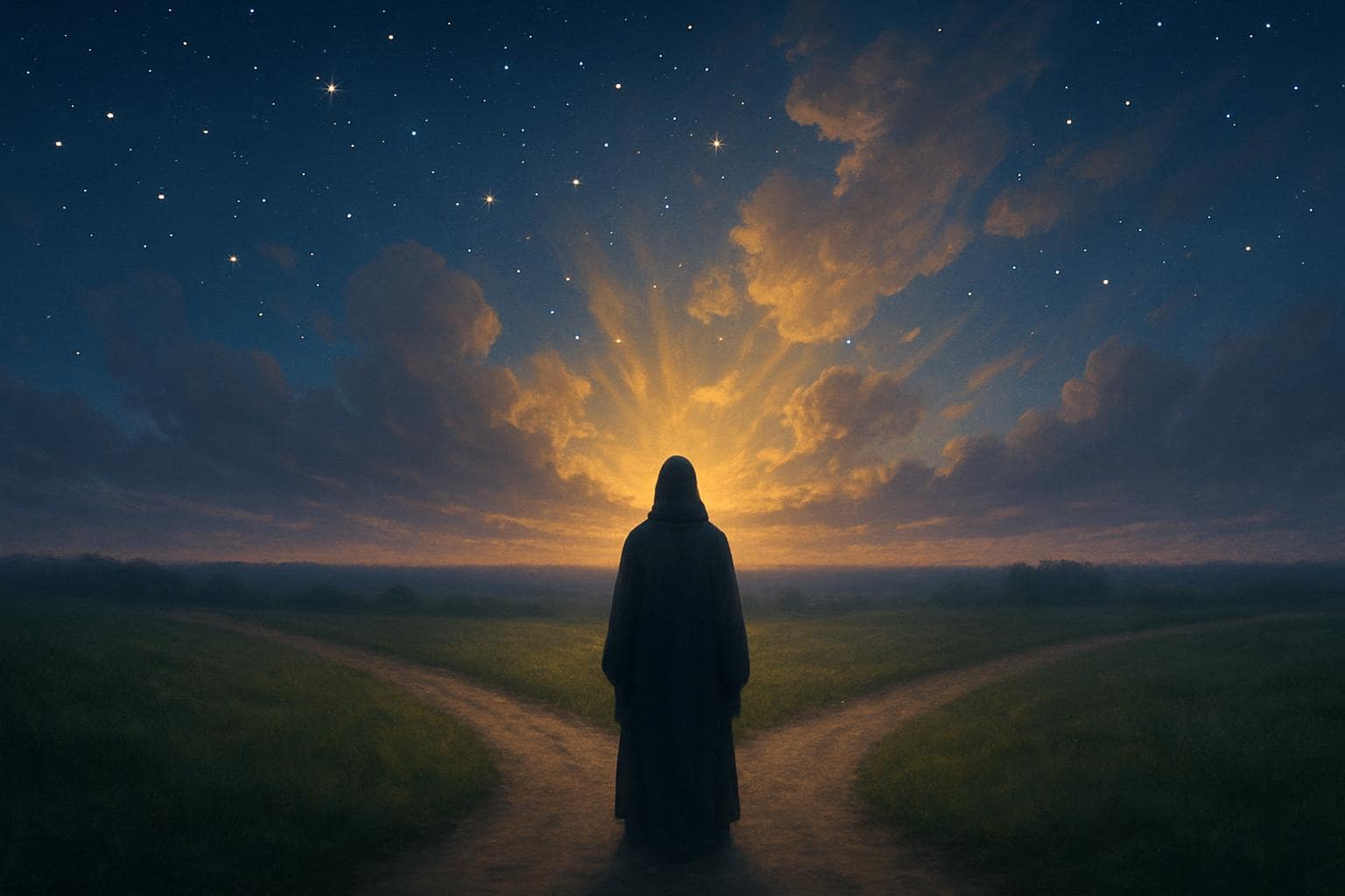 A figure standing at a softly lit crossroads under a starry sky, symbolizing life purpose and direction