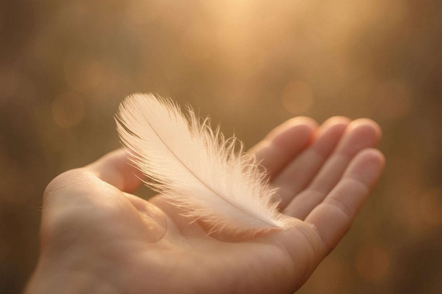 A white feather resting on an open palm as a symbol of receiving a sign