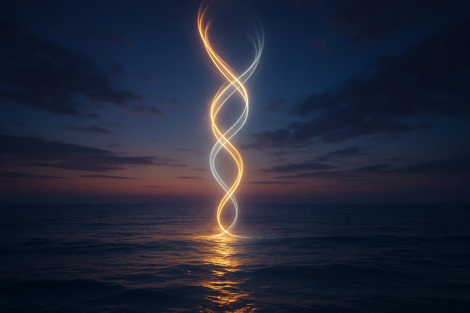 Two intertwining light paths symbolizing the balance of intuition and structure for Life Path 11