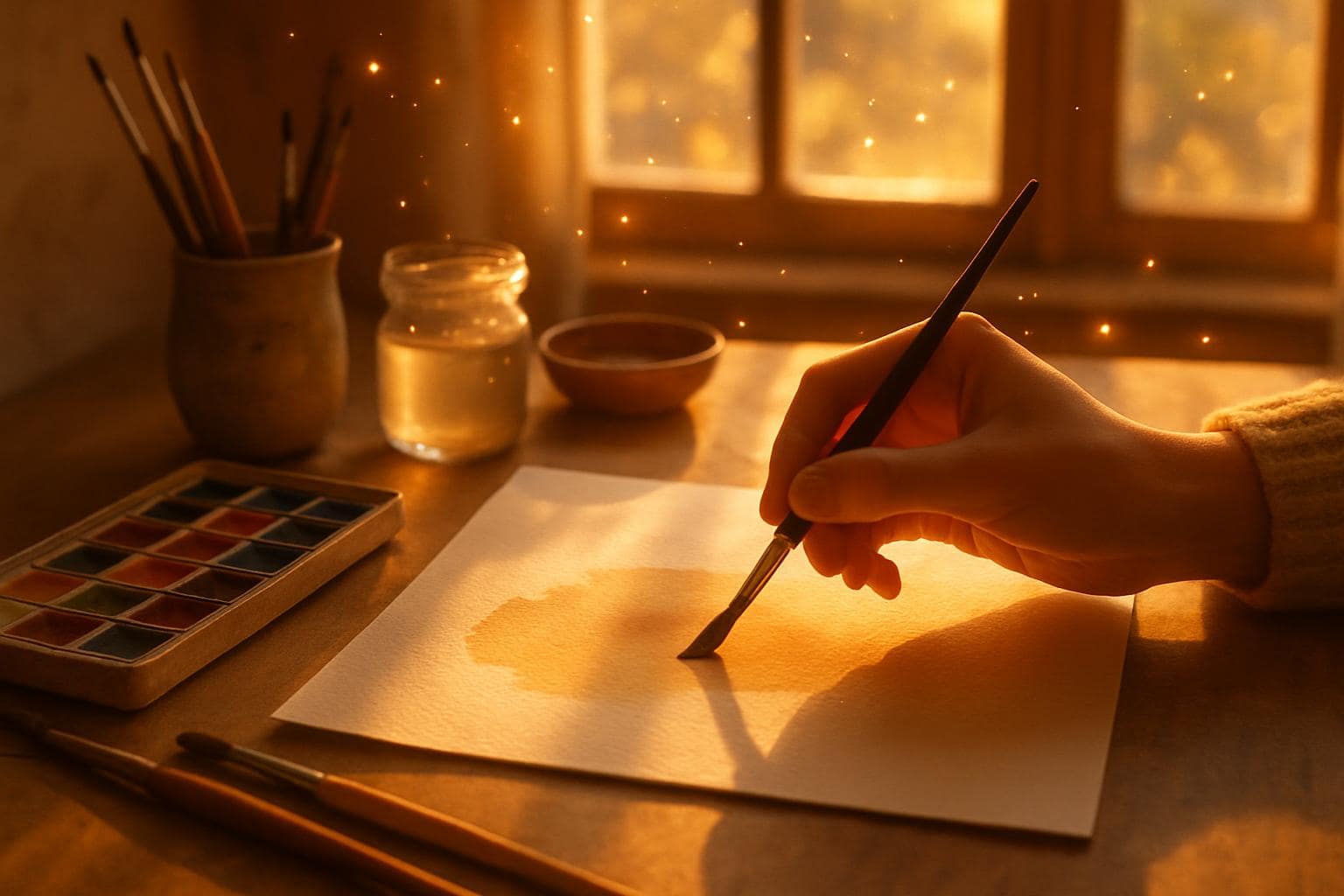 Creative hands painting in warm golden light, symbolizing Life Path 3 self-expression