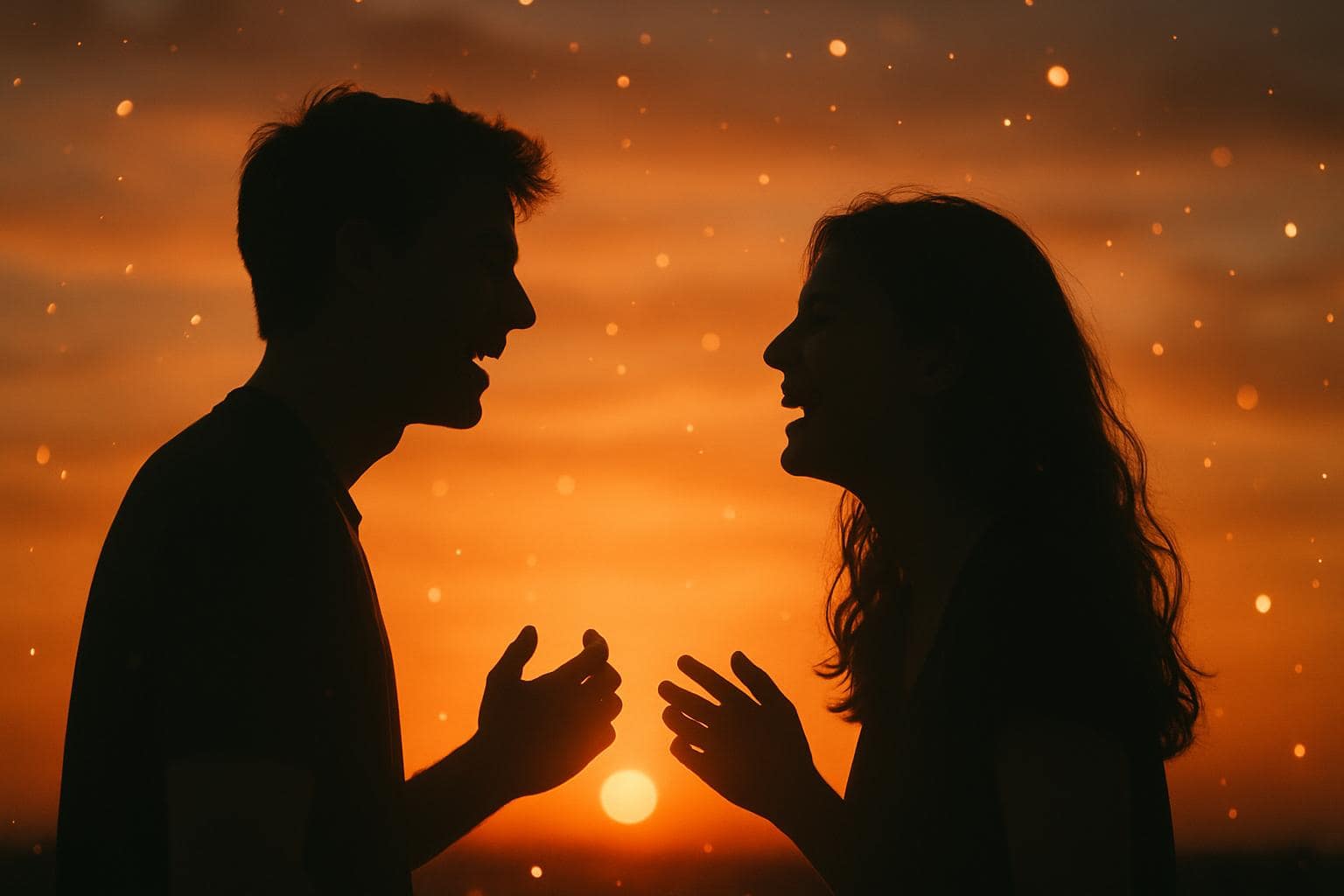 Two people connecting joyfully under a warm glowing sky, symbolizing Life Path 3 in love