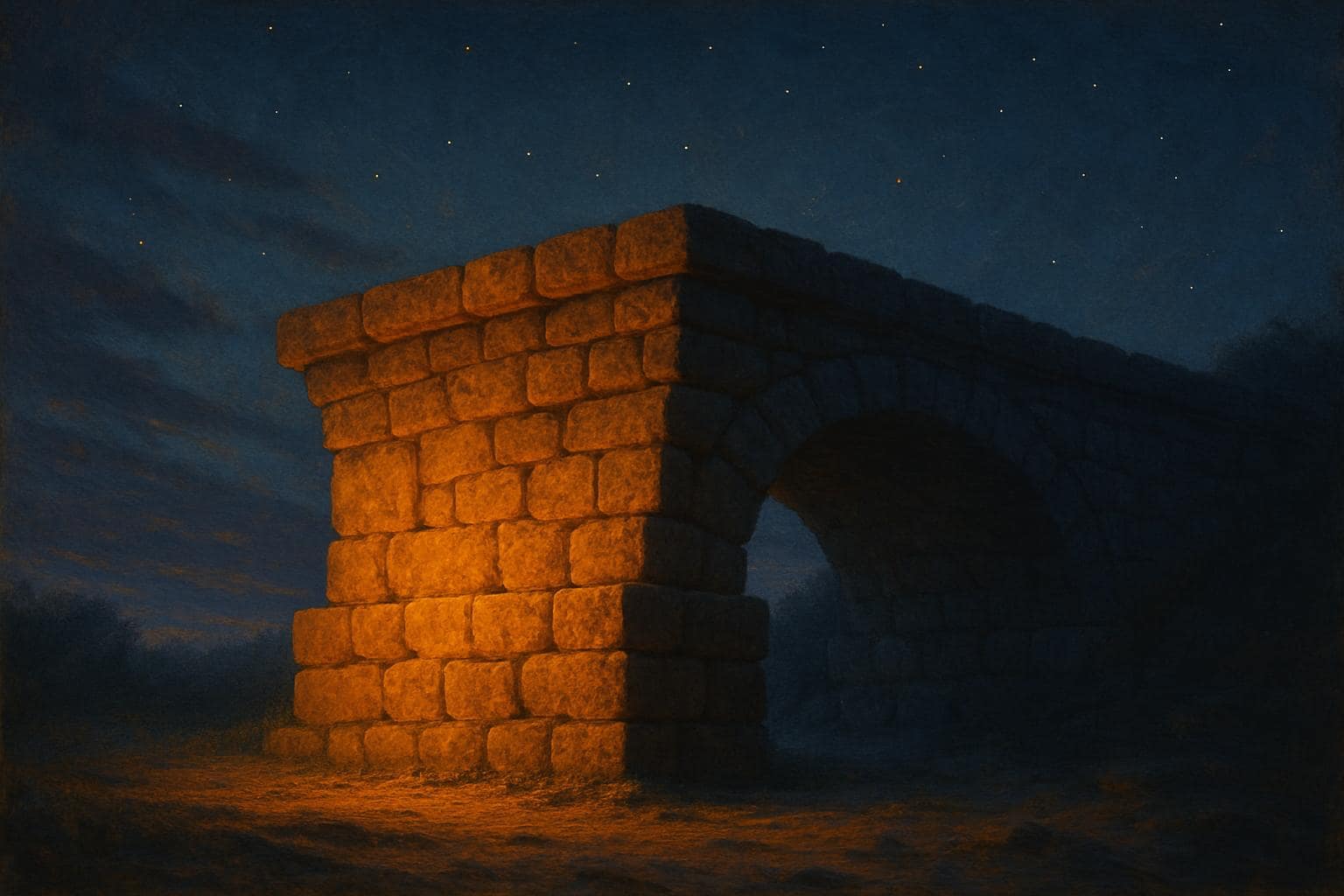 Glowing stone foundation under a twilight sky symbolizing Life Path 4 stability