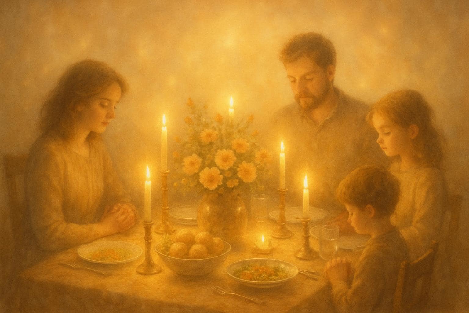 A warmly lit dinner table symbolizing home, family and nurturing love