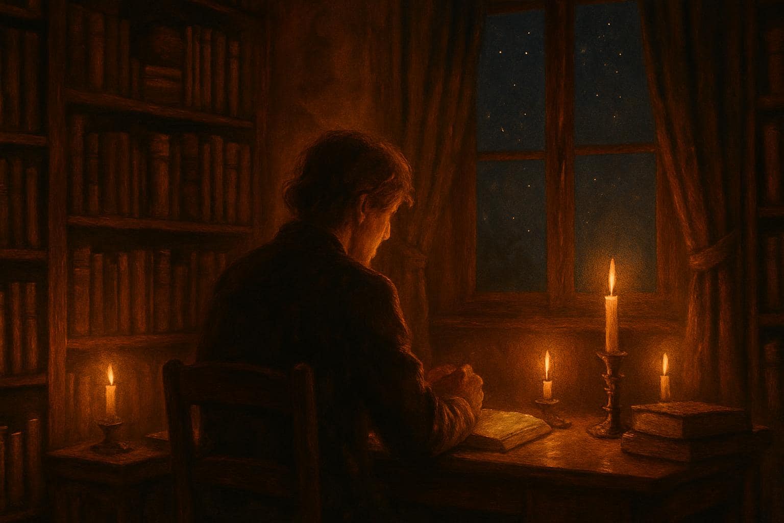 A person sitting alone in quiet reflection surrounded by books and soft candlelight