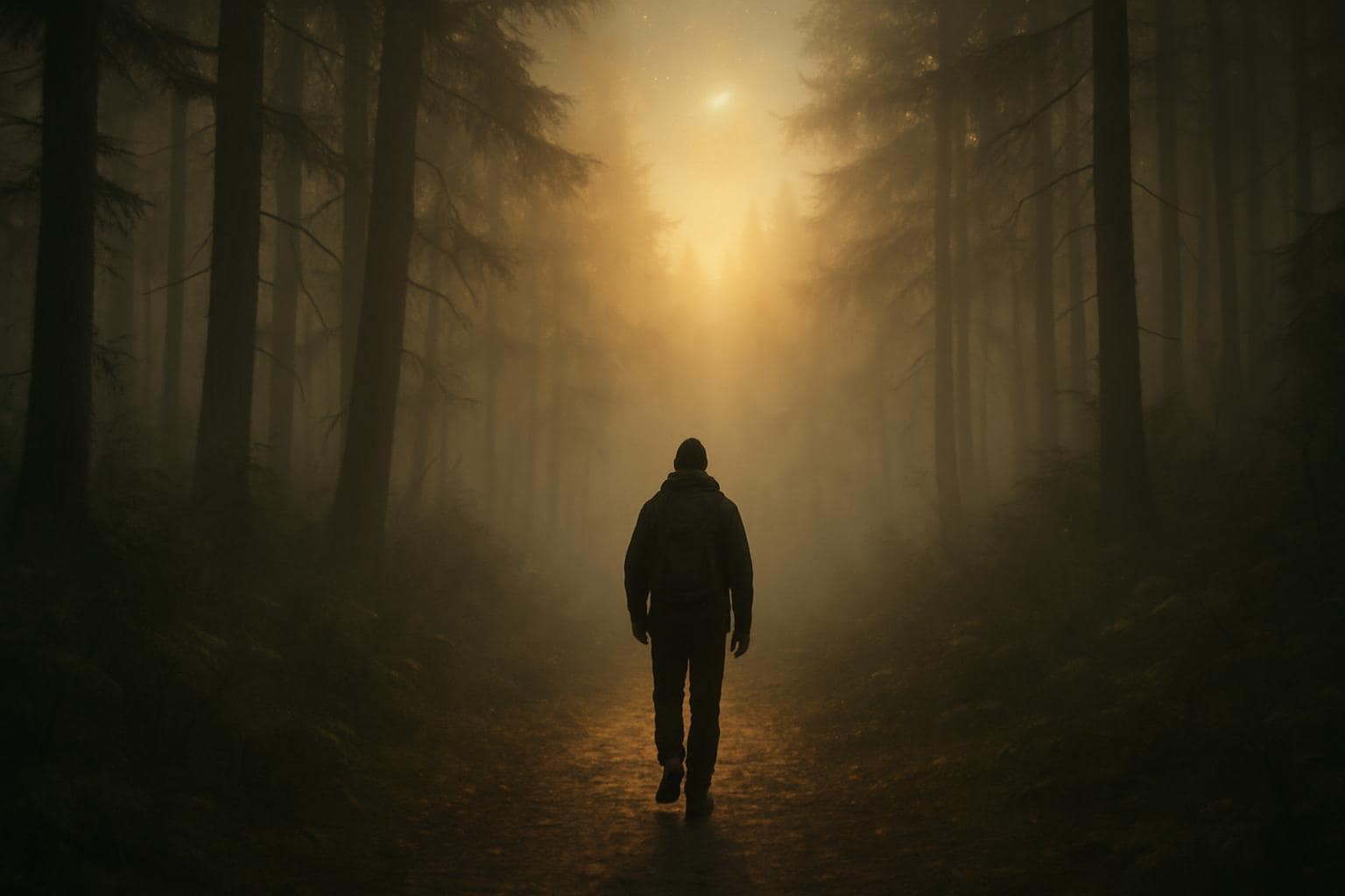 A lone figure walking a misty forest path at dawn symbolizing a spiritual seeker's journey