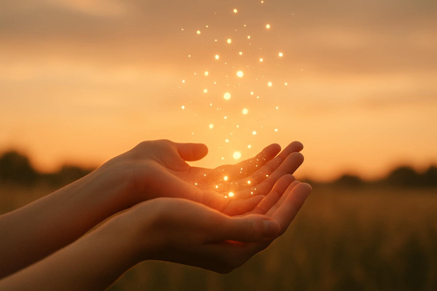 Open hands releasing glowing light particles at sunset symbolizing letting go