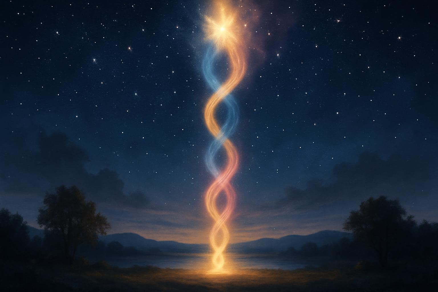 Three intertwined beams of light representing the distinct energies of master numbers