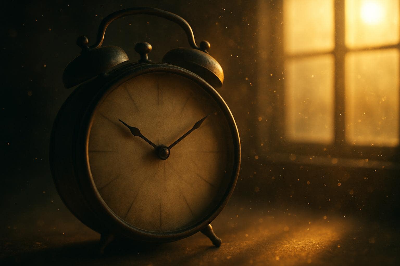 Warm golden light falling across a clock face at dusk, evoking the mirror hour moment