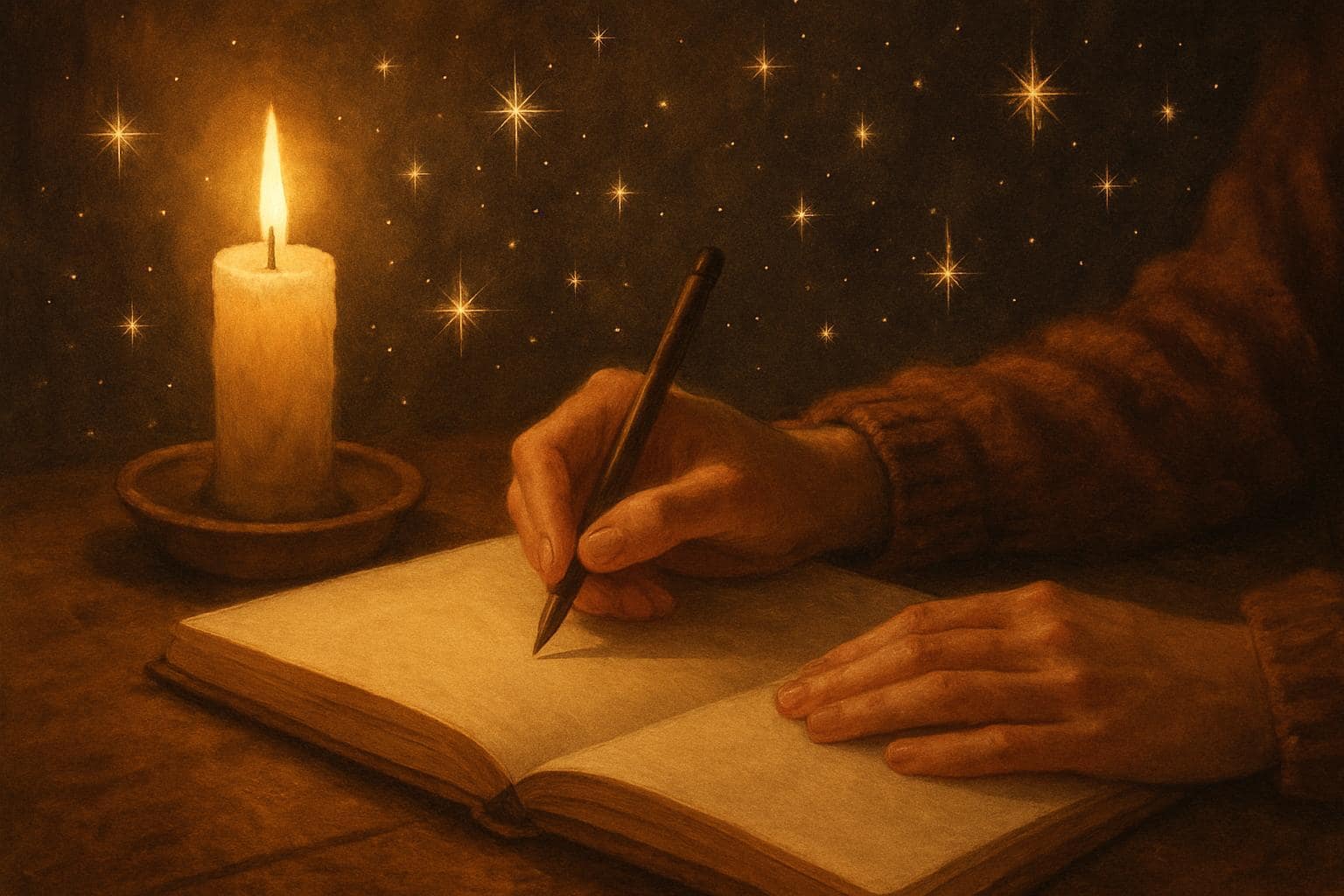A journal and candlelight scene representing reflection and alignment