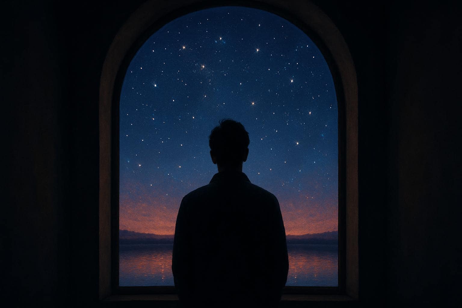 Silhouette gazing at a starry sky reflecting a sense of quiet stability