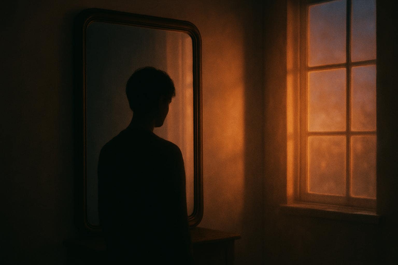 Silhouette of a person looking calmly into a mirror at dusk