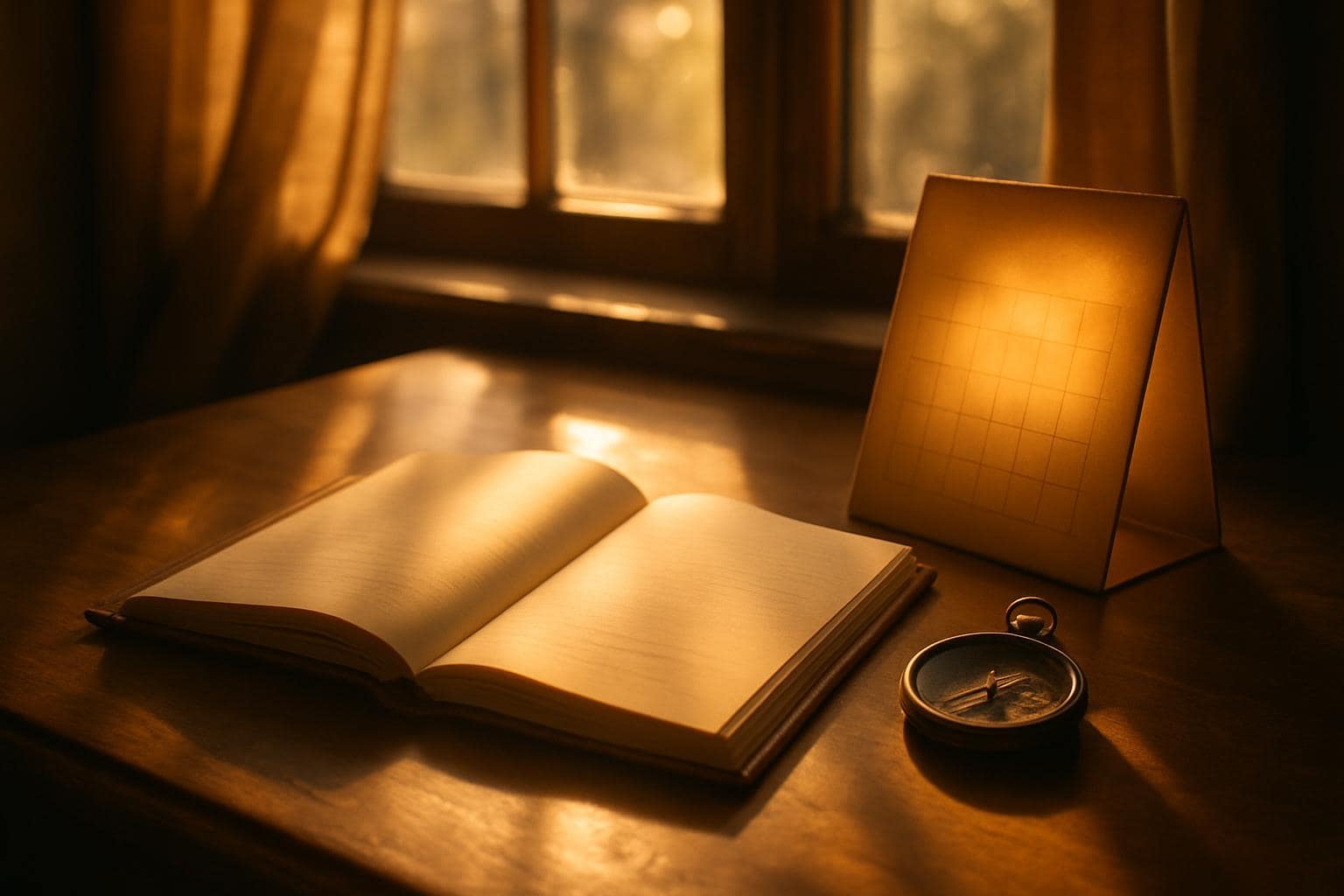 A journal and compass on a sunlit desk representing planning a personal year