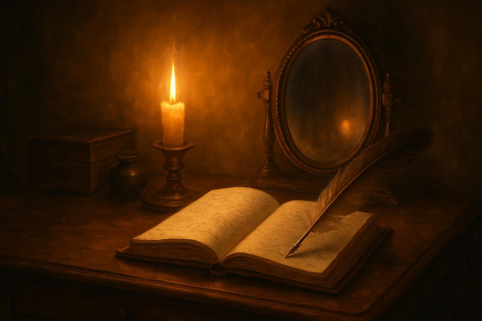 A journal and mirror on a candlelit desk symbolizing self-reflection and outer identity