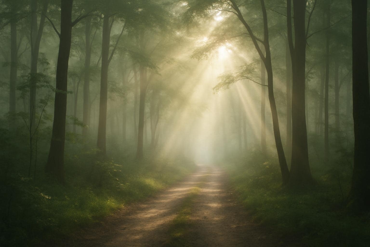 A misty forest path bathed in early morning light