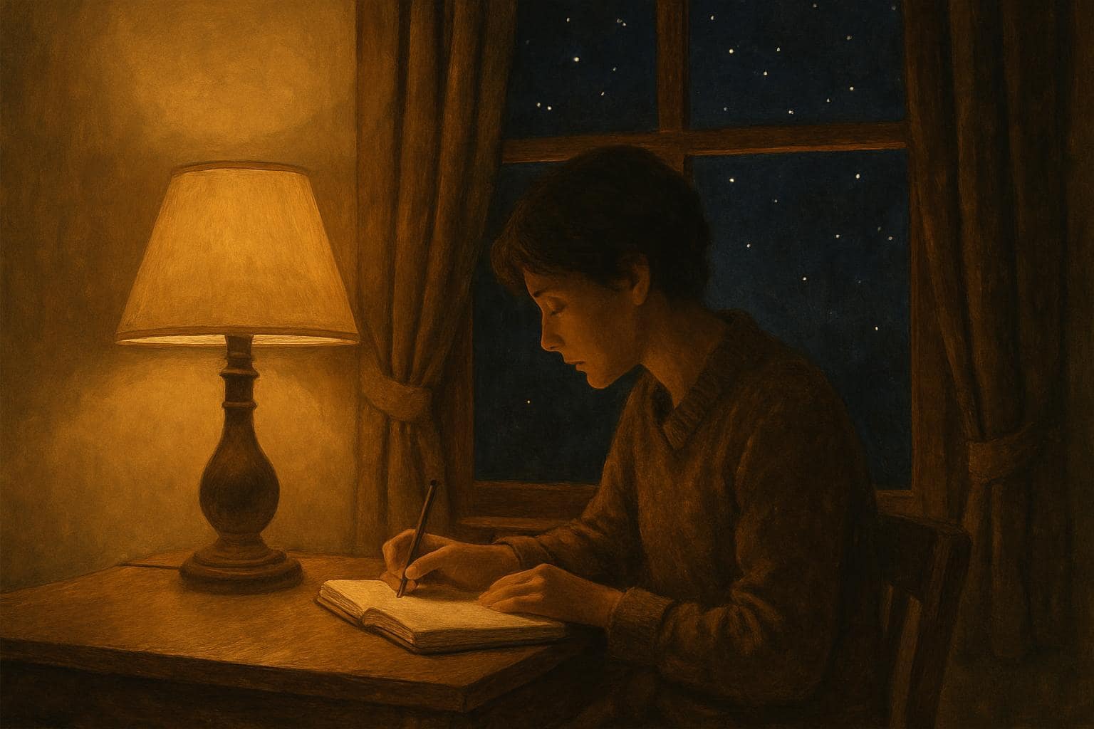 A person journaling quietly by a window at night, reflecting on patterns and signs